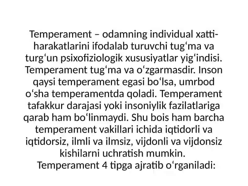Temperament turlari, melanxolik, sangvinik, xolerik, flegmatik 3