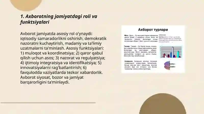 Axborotni jamiyatda tutgan o'rni va ahamiyati. Axborotlashgan jamiyatning yuzaga kelishi va uning xususiyatlari. 3