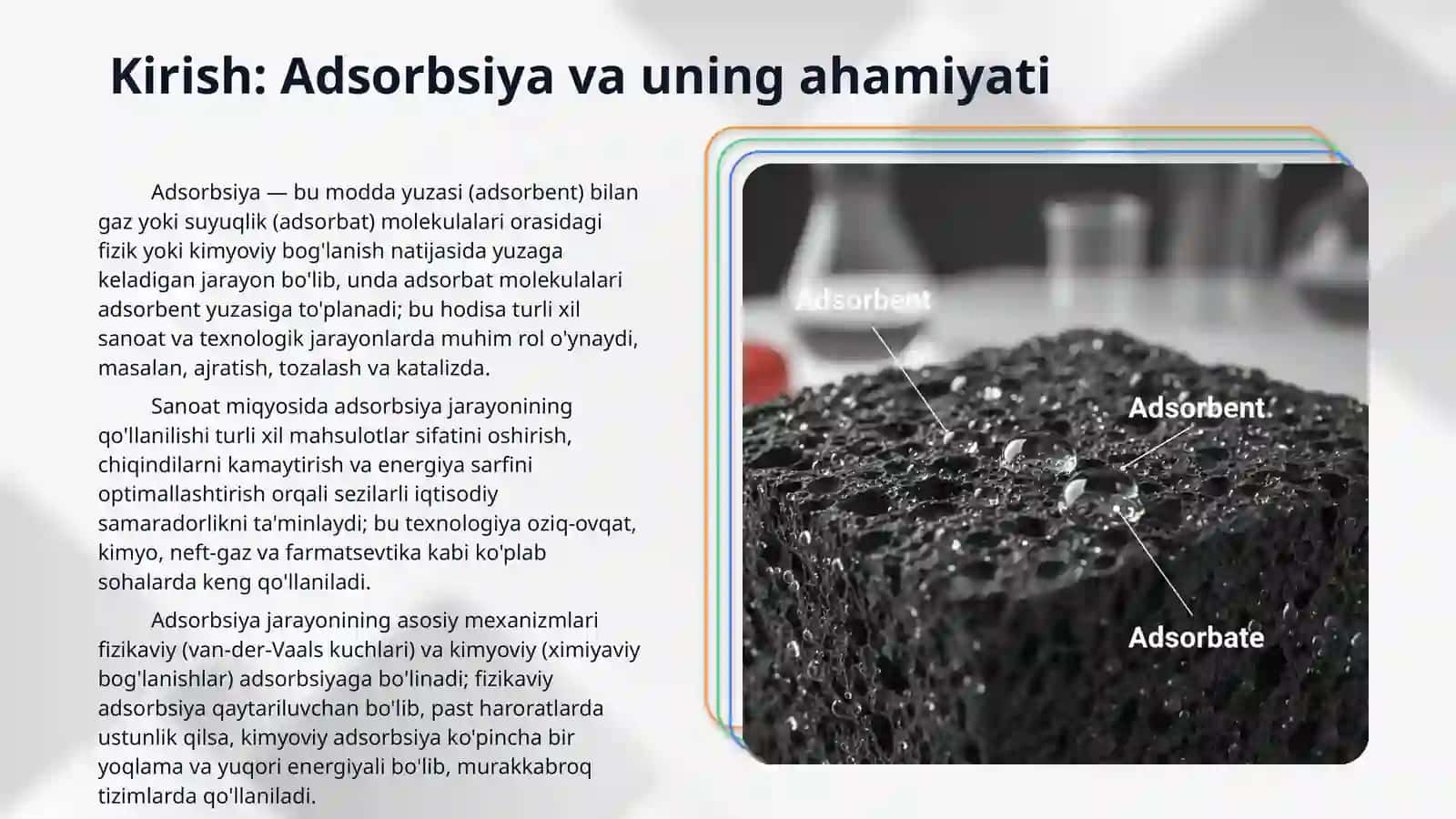 Adsorbsiya jarayonini oziq-ovqat va kimyo sanoatidagi oʻrni 3
