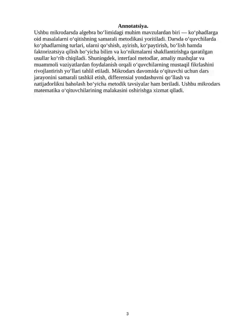 7-sinfda ko’phadlarga oid ba’zi masalalarni o’qitish metodikasi MIKRODARSI 3