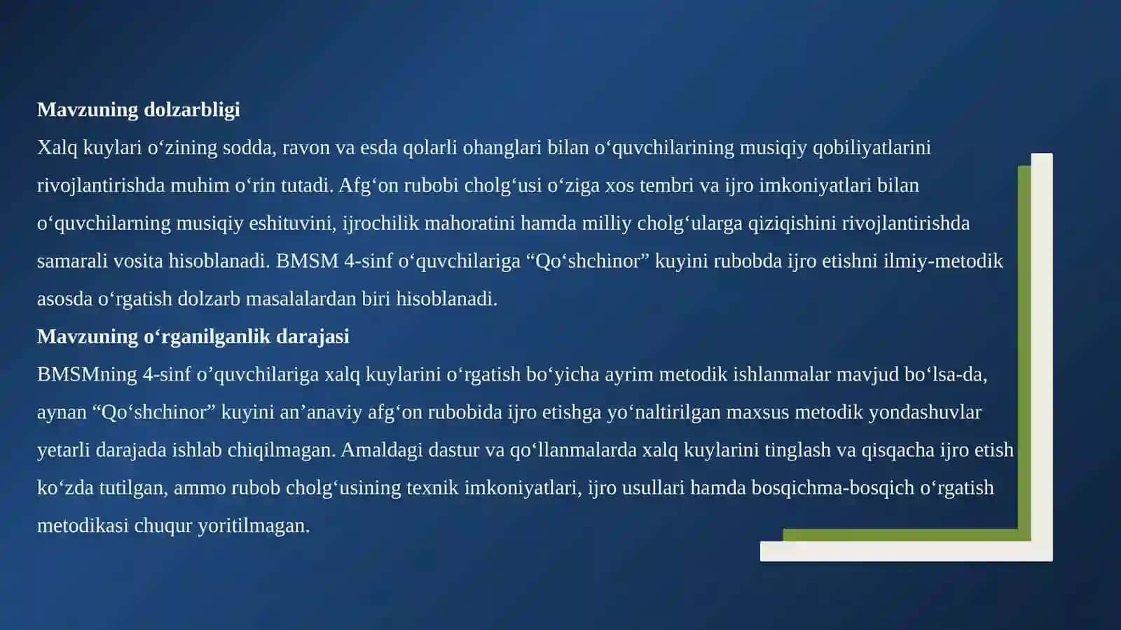 BMSM 4-sinf o’quvchilariga Xalq kuyi “Qo’shchinor” asarini an’anaviy afg‘on rubob cholg‘usida chalishni o‘rgatish yo‘llari va usullari 3