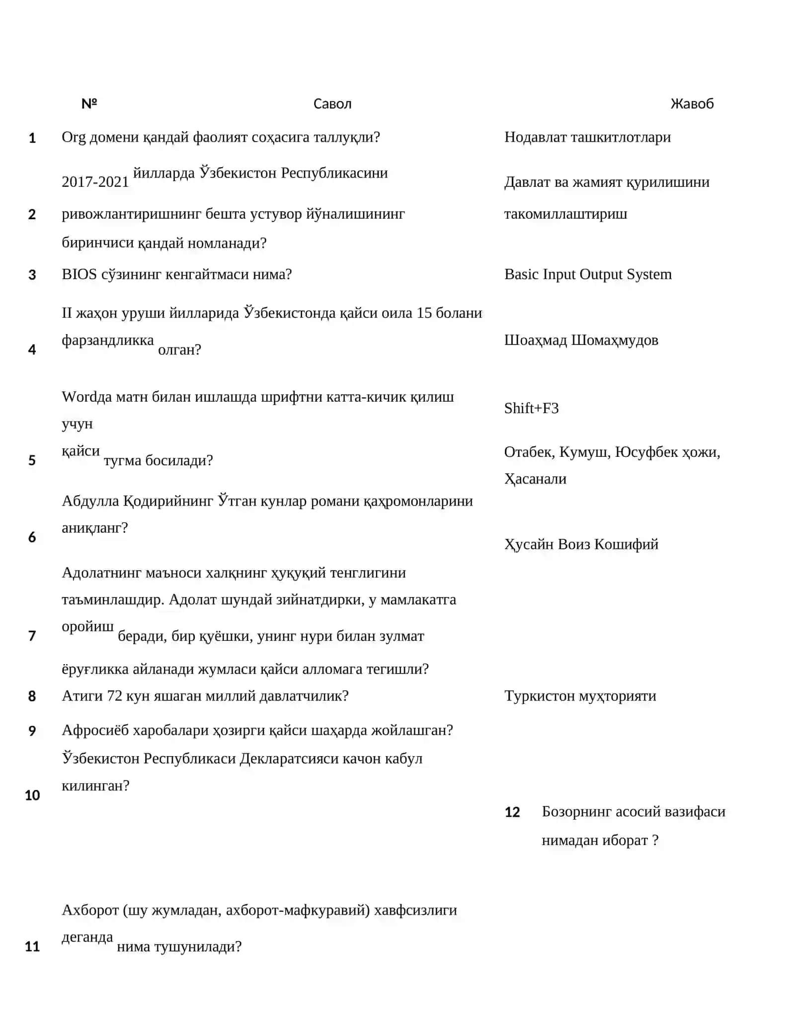 Davlat xizmatchisi TEST JAVOBLARI - Yangi tahrir 3