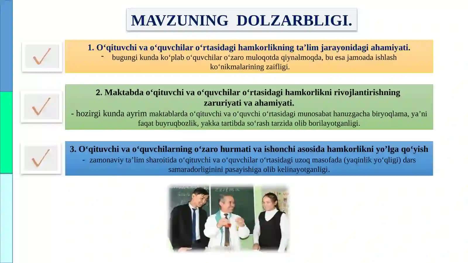 Maktabda o‘qituvchi va o‘quvchilar o‘rtasida hamkorlikni yo‘lga qo‘ish 3