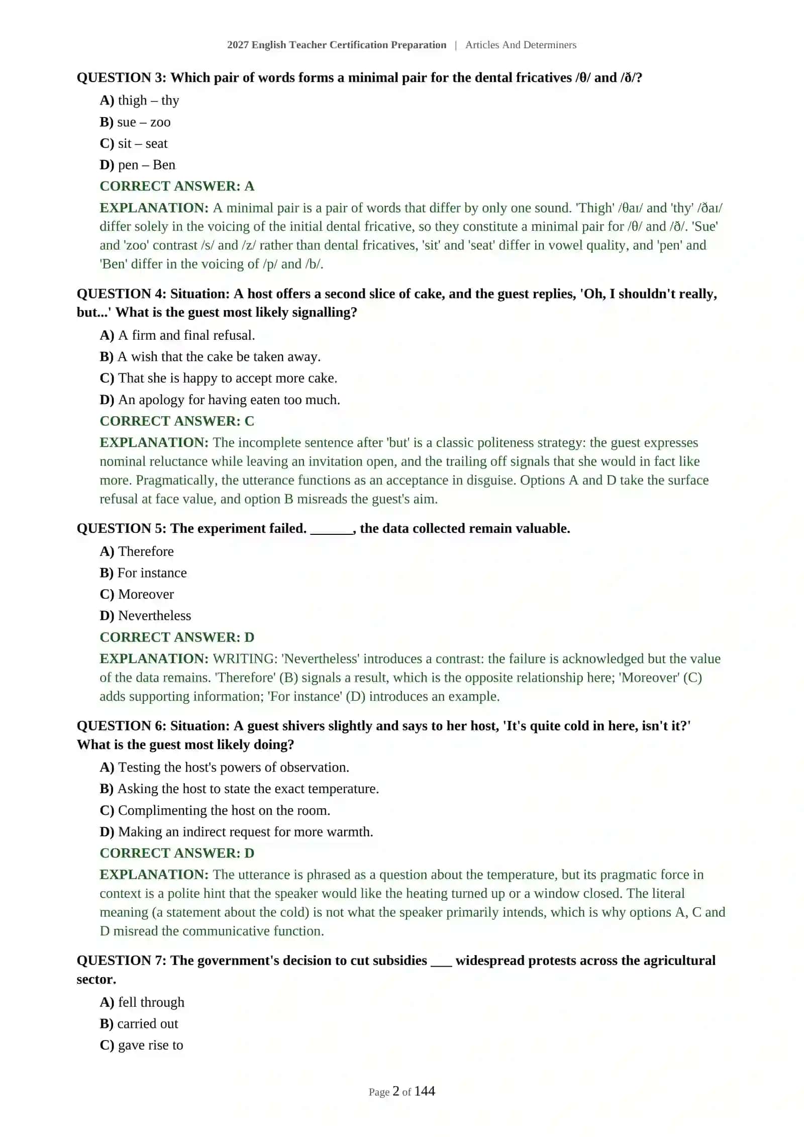 C1-C2 ENGLISH TEACHER CERTIFICATION - ARTICLES AND DETERMINERS - 2027 CERTIFICATION PREPARATION (600 QUESTIONS) 3