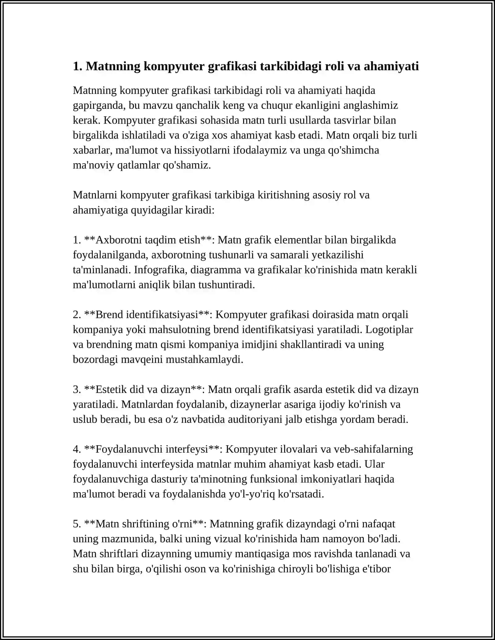 KOMPYUTER GRAFIKASIDA MATNLARNING O'RNI. MATN SHRIFTI, O'LCHAMI, STILI, INTERVALI, RANGI VA FONI 3