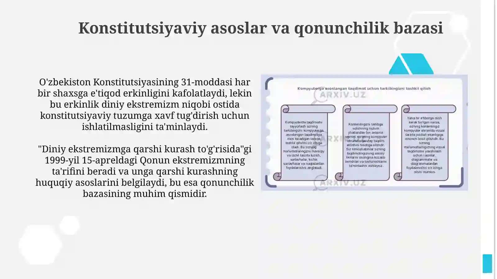 Oʻzbekiston Respublikasida diniy ekstrimizmga qarshi koʻrashishning huquqiyasoslari 3