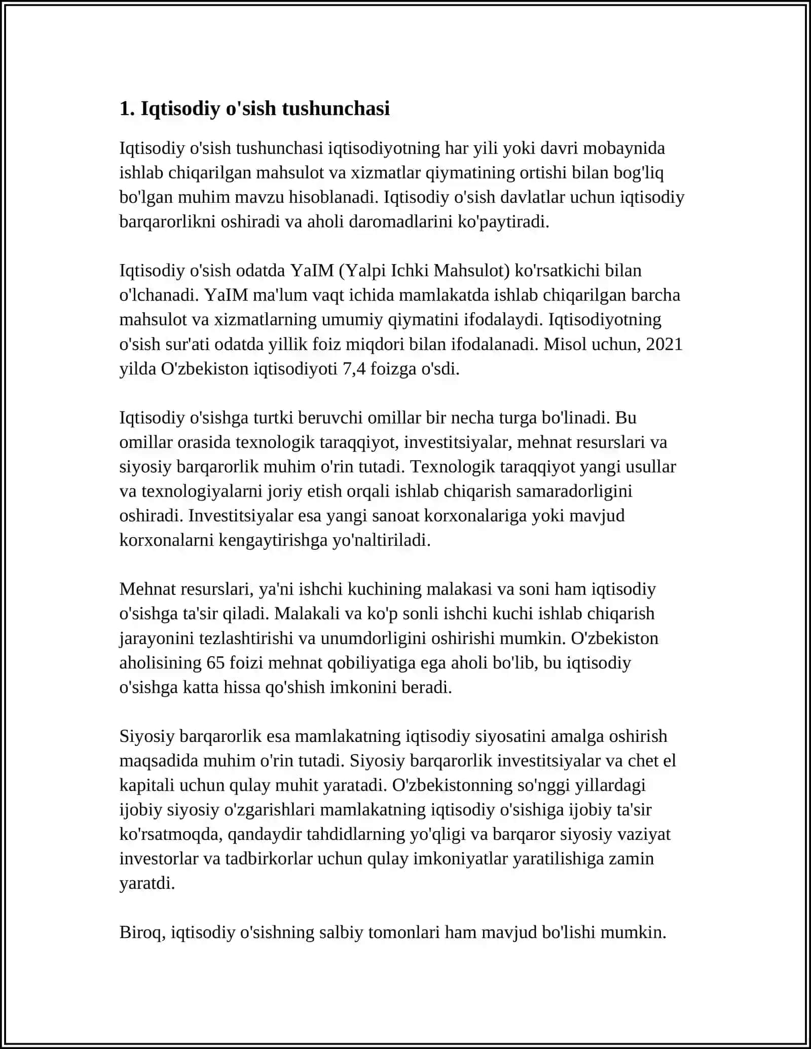 IQTISODIY ÔSISHNING MOHIYATI, ASOSIY TAVSIFNOMASI VA MODELI 3