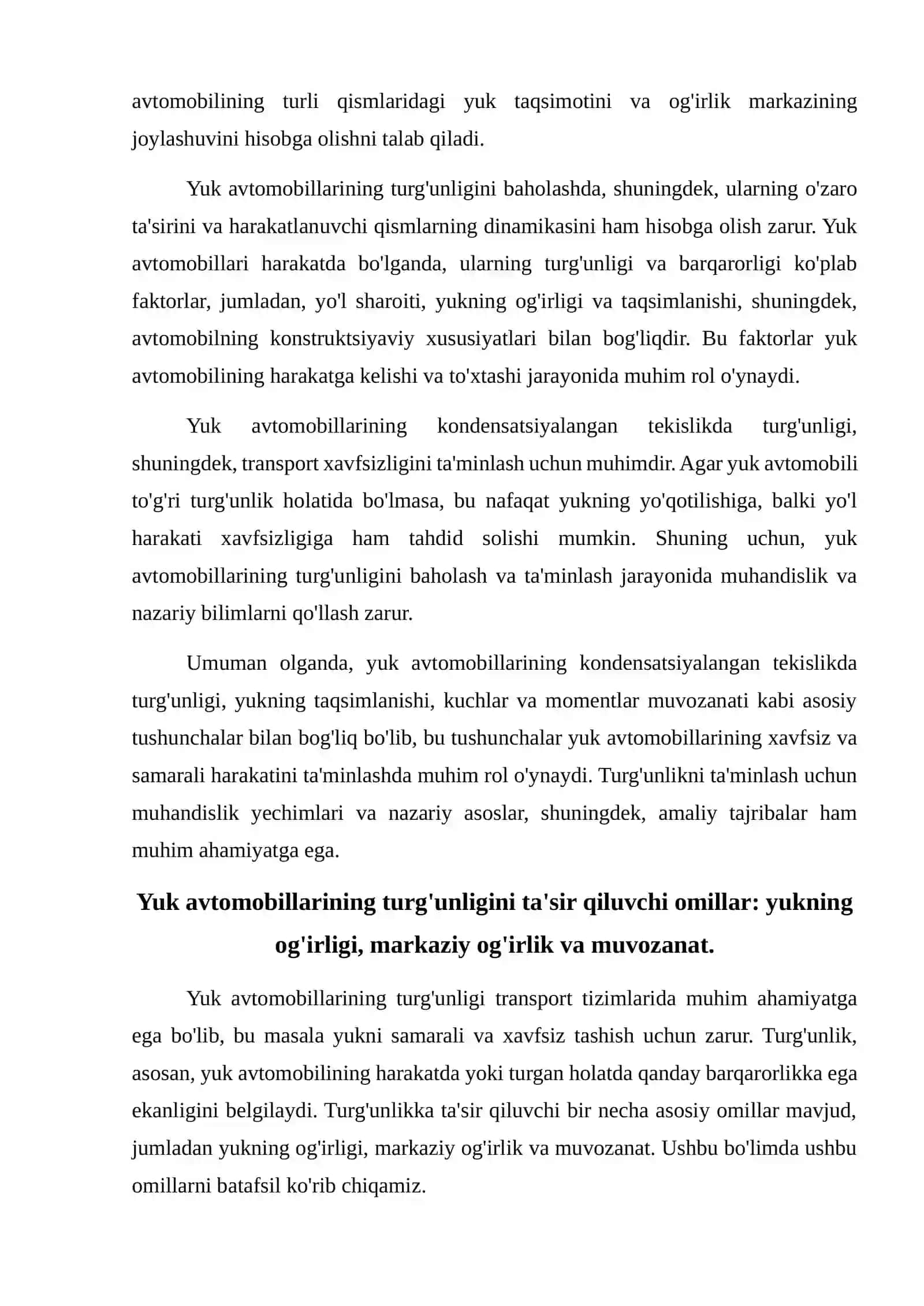 Yuk avtomobillarining kondensatsiyalangan tekislikdagi turg'unligi 3