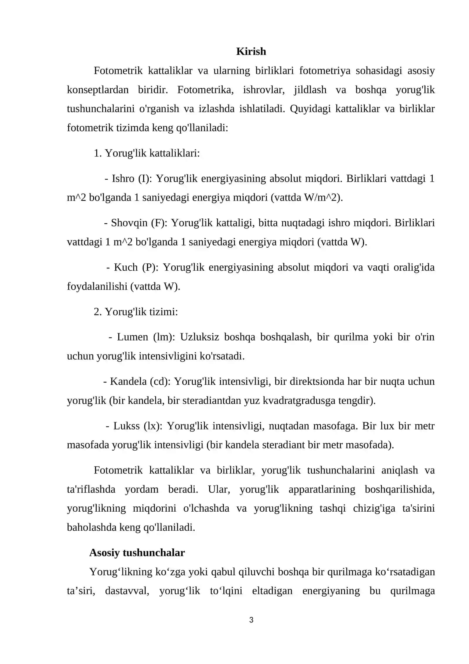 Fotometrik kattaliklar va ularning birliklar 3