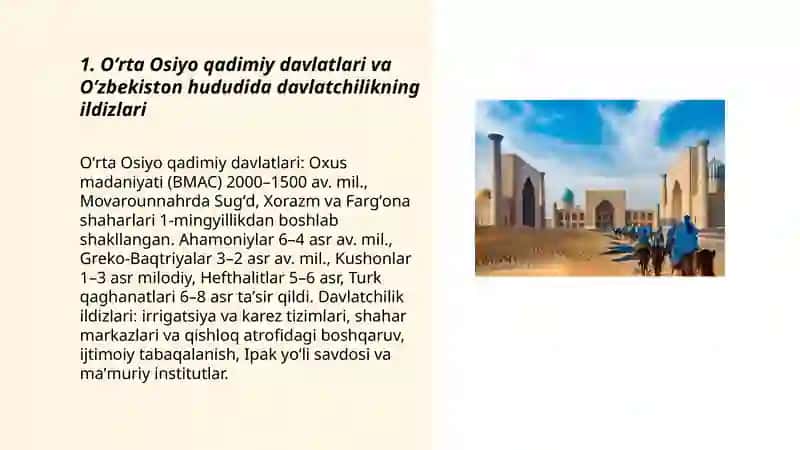 Oʻrta Osiyo qadimiy davlatlari va O’zbekiston hududida davlatchilikning ildizlari 3