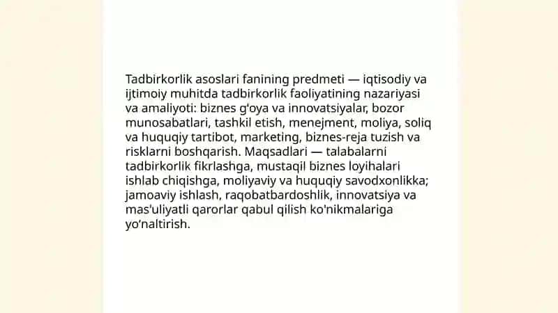 Tadbirkorlik asoslari fanining predmeti va oʻrganish usullari 3