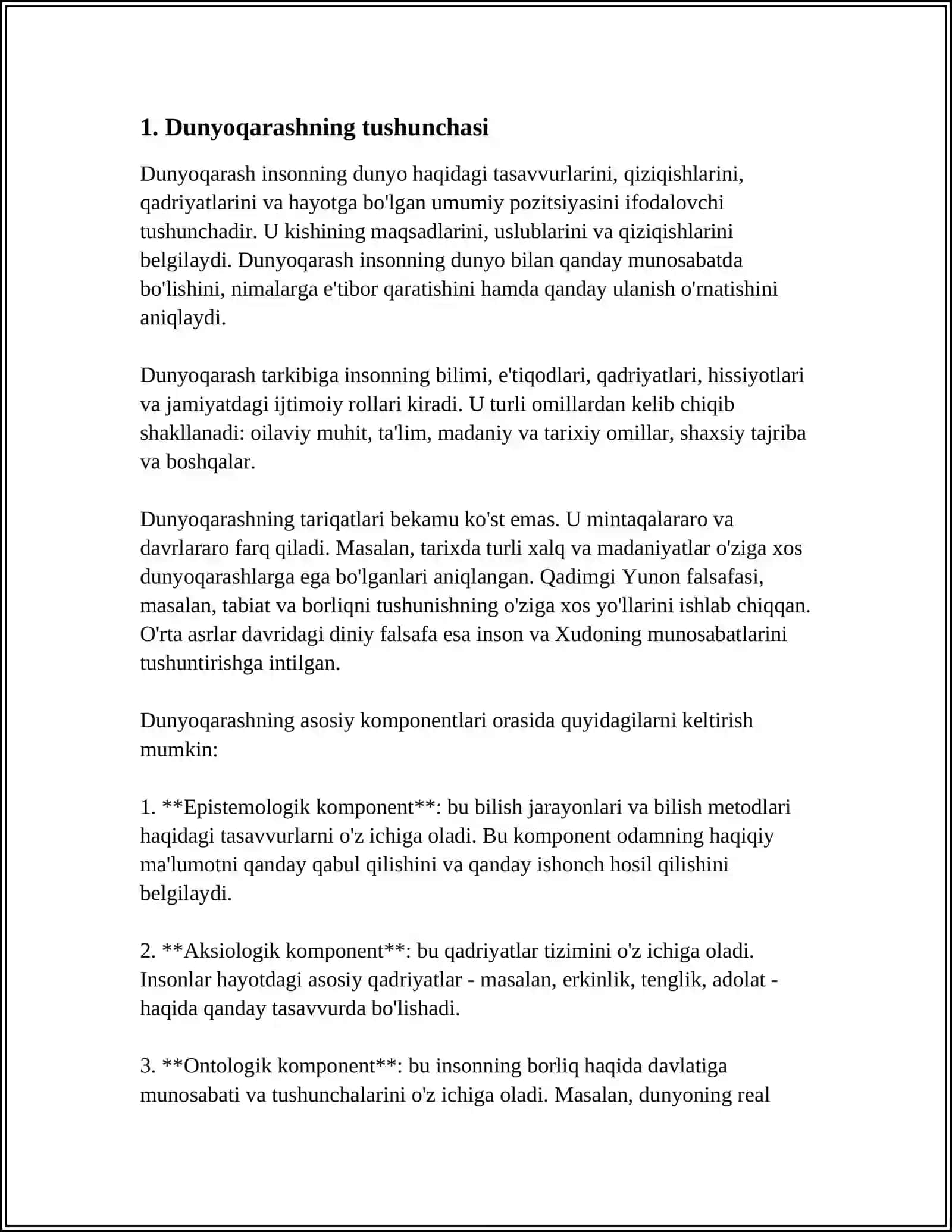 DUNYOQARASHNING MOHIYATI, TUZILISHI VA ASOSIY FUNKSIYALARI 3