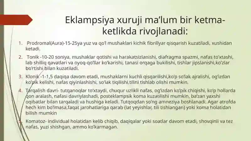 Eklampsik koma. Klinikasi, diagnostikasi, tez tibbiy yordam 3