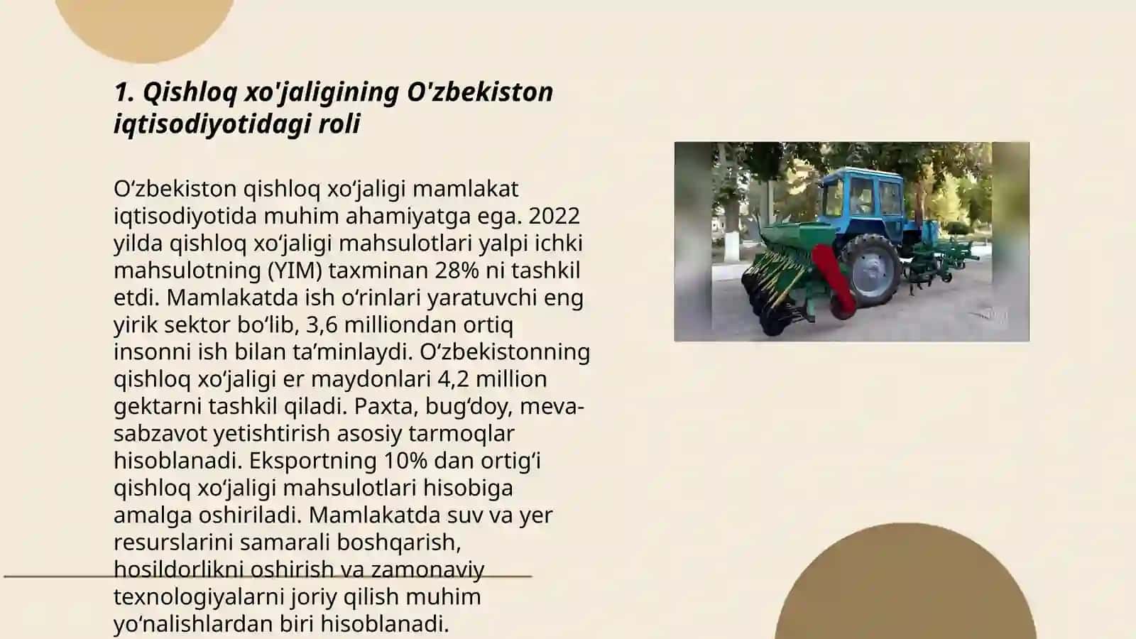 Qishloq xo'jaligining O'zbekiston iqtisodiyotidagi roli 3