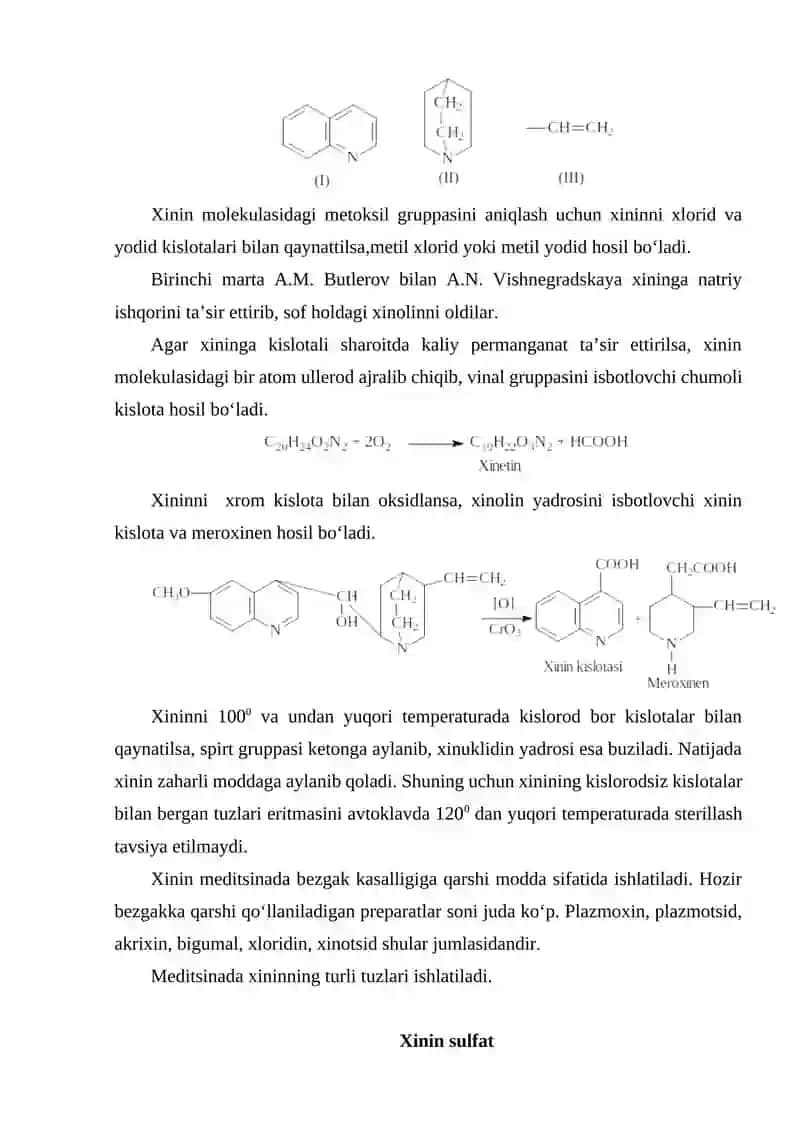 Xinolin hamda izoxinolin gruppasi alkaloidlari Xinin Eyxinin olinishi tuzilishi xossalari va ahamiyati 3