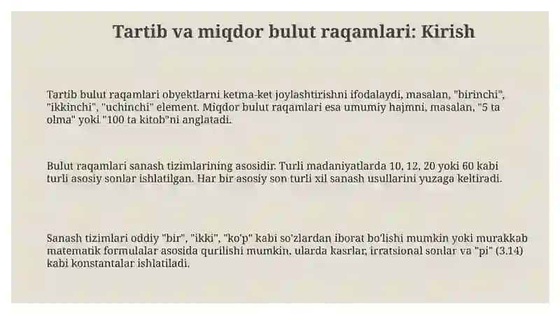 Sanash tizimlarining asoslarini tartib va miqdor bulut raqamlari 3