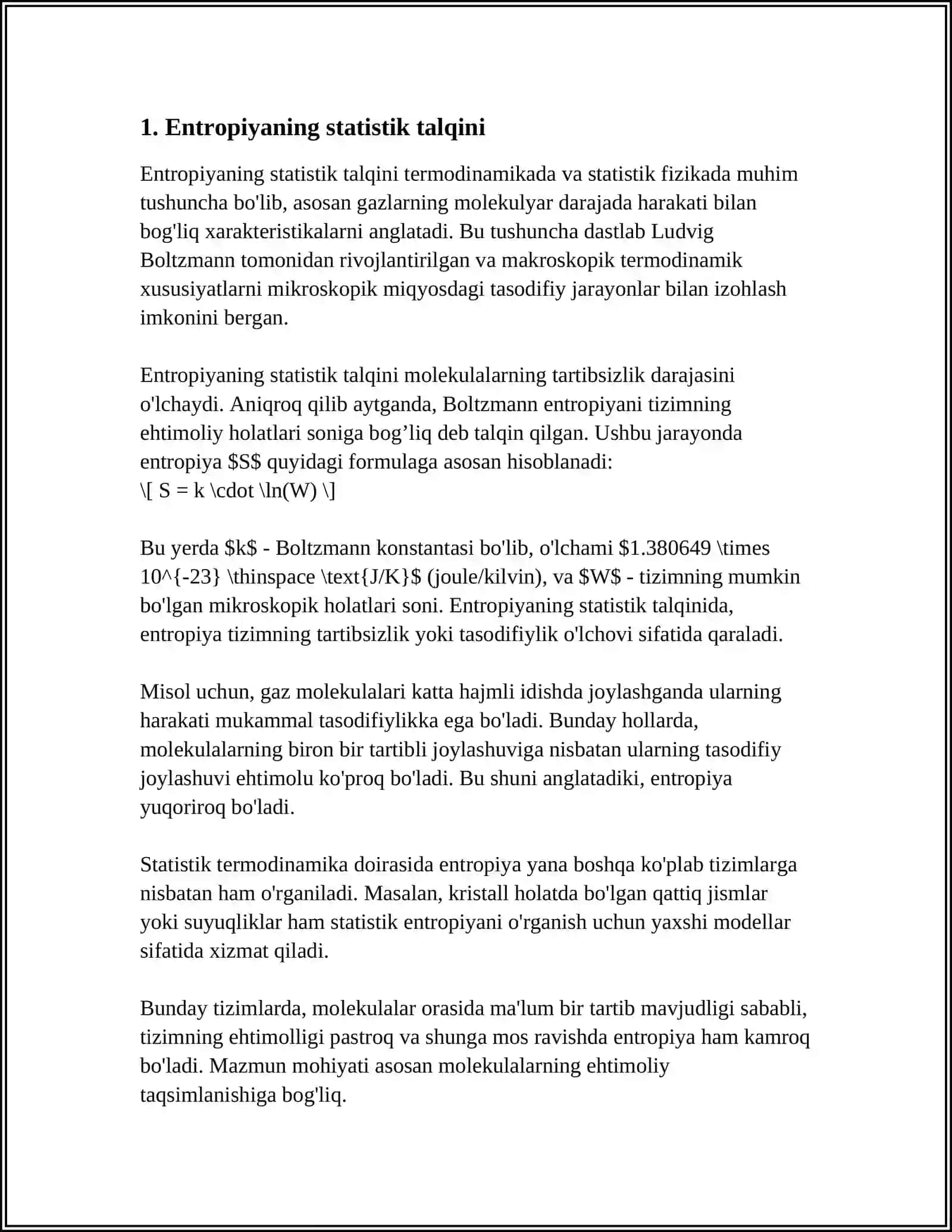 ENTROPIYANING STATISTIK MANOSI. ENTROPIYANING OSISH PRINSIPI 3