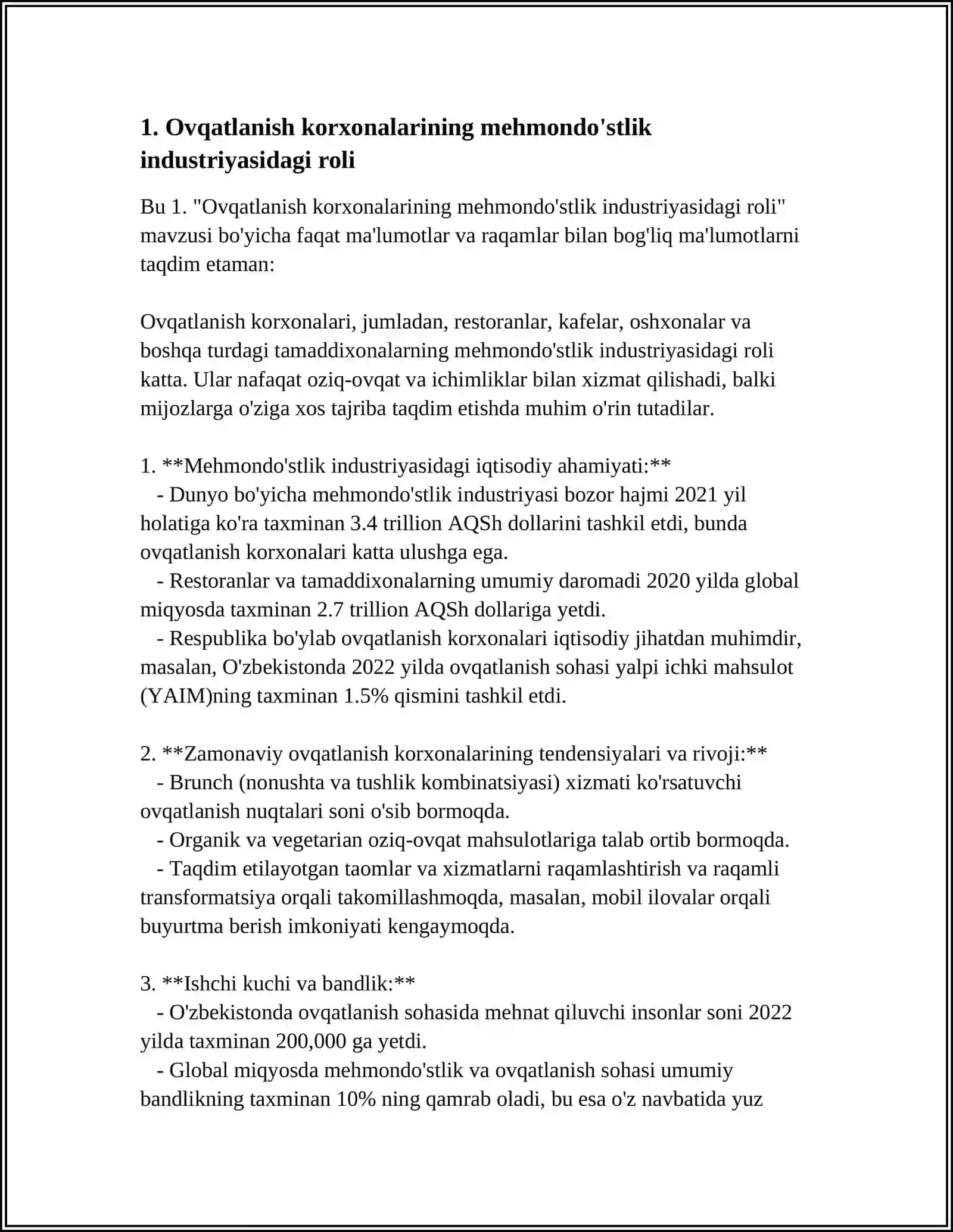 "MEHMONDO'STLIK INDUSTRIYASIDA OVQATLANISH KORXONALARINING O'RNI" 3