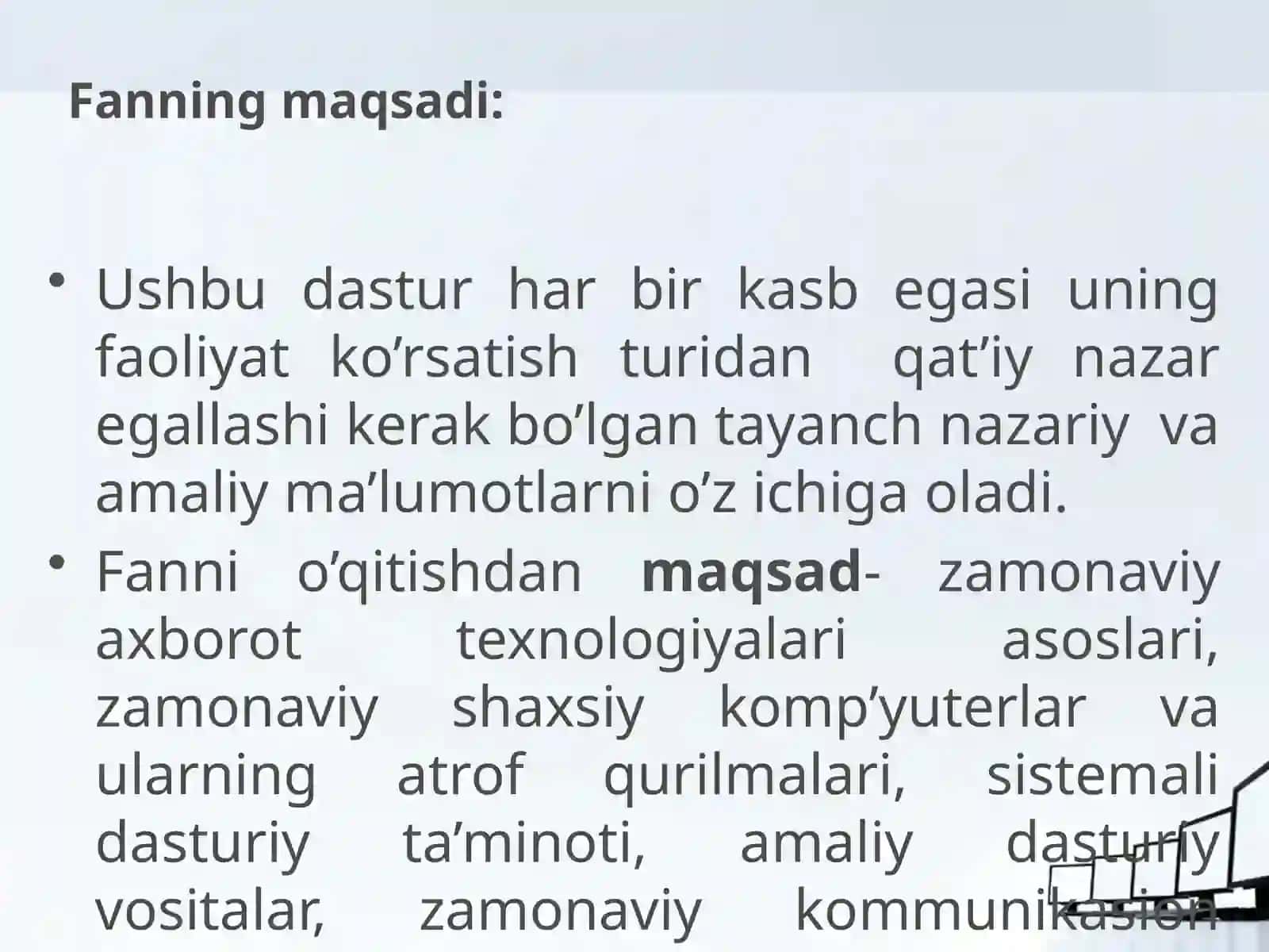 Informatika va AT fanining predmeti, maqsadi va vazifalari 3