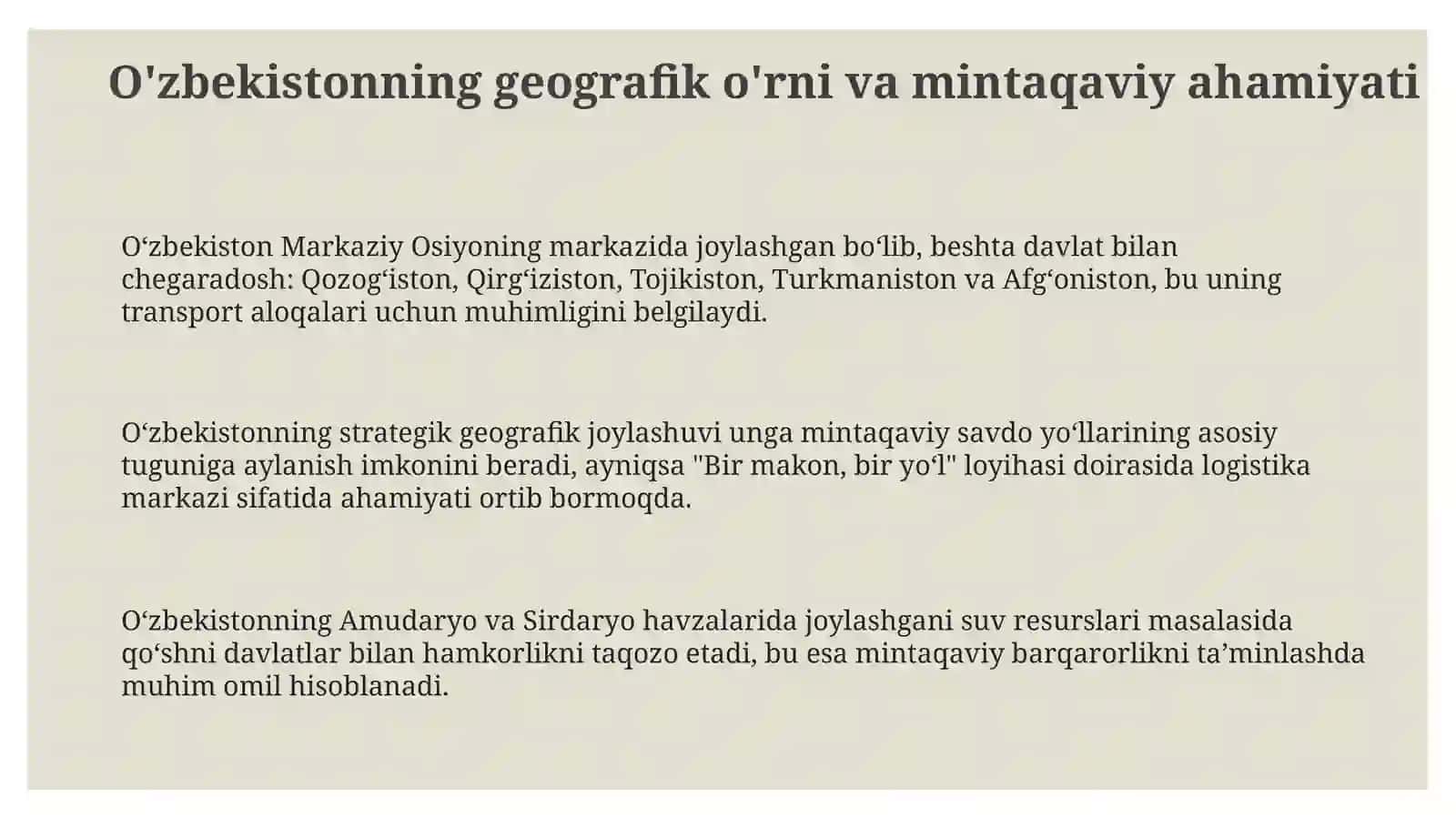 Oʻzvekistonning markaziy Osiyoda tinchlik va barqarorlik ni ta'minlash 3