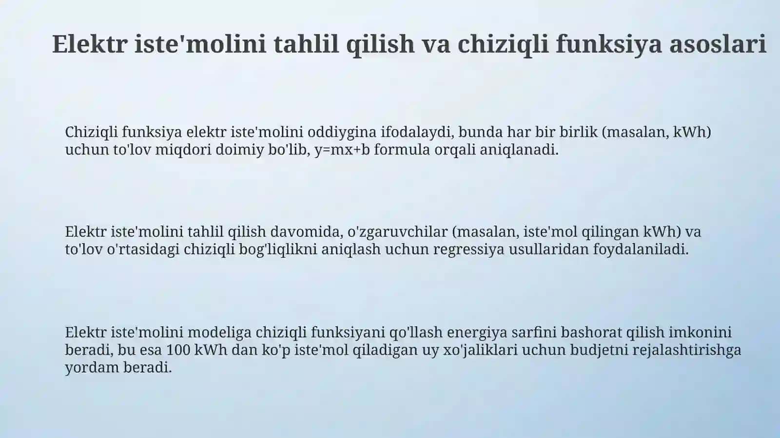 Elektr energiyasi sarfi va to'lovlarni chiziqli funksiya yordamida modellashtirish 3