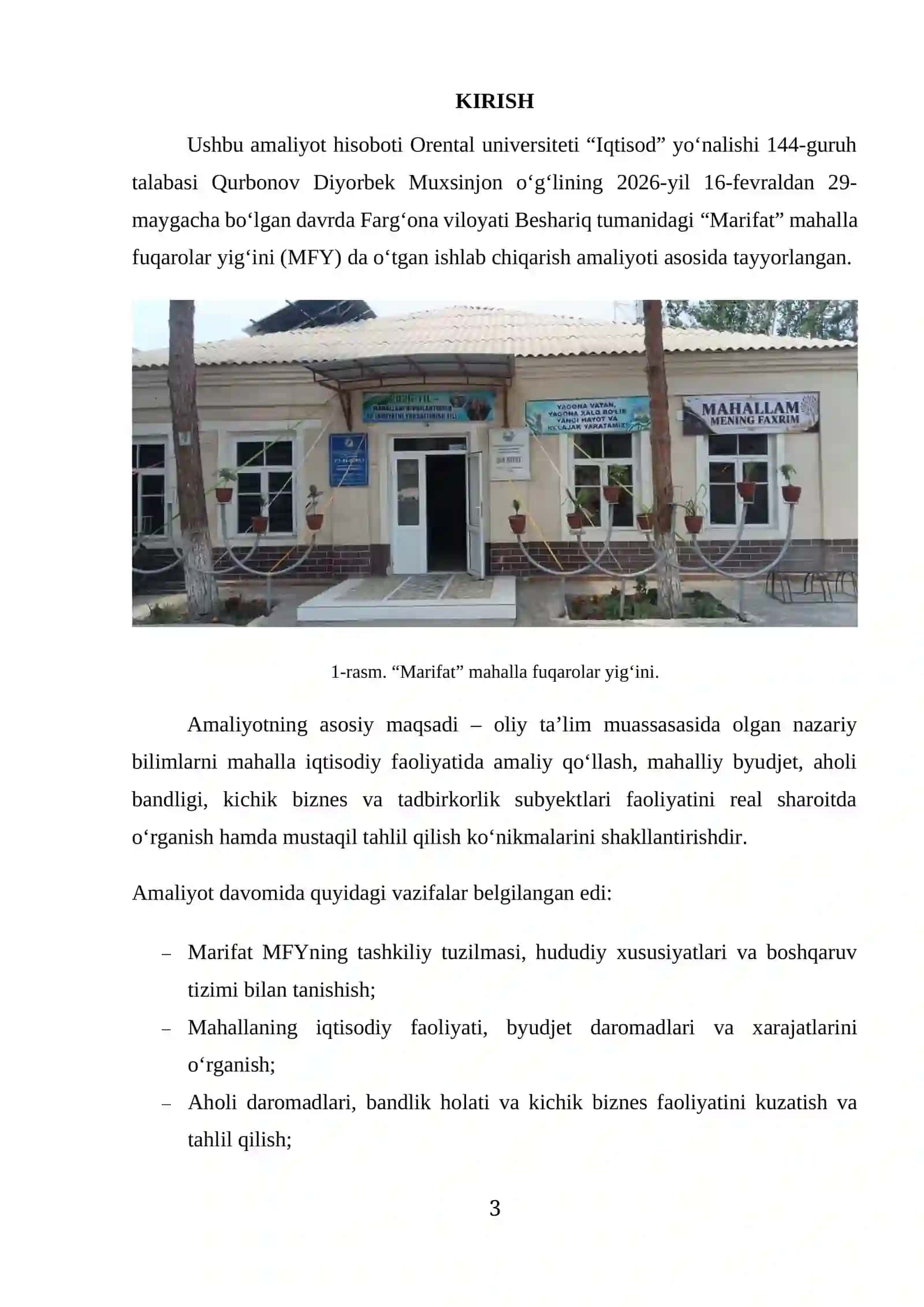 Farg‘ona viloyati Beshariq tumanidagi “Marifat” mahalla fuqarolar yig‘ini (MFY). Amaliyot hisoboti 3