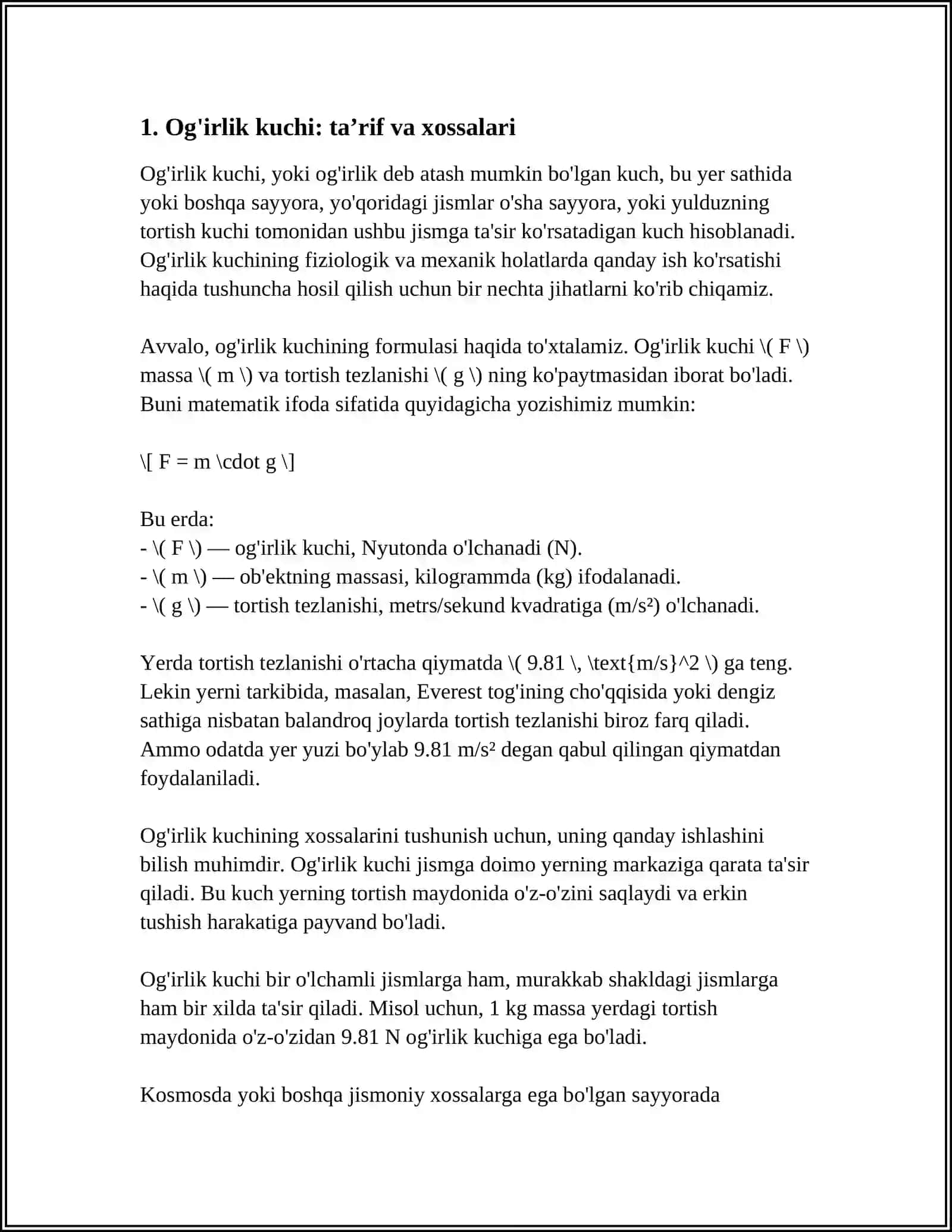 JISMNING OG'IRLIK KUCHI MAYDONDAGI HARAKATI 3