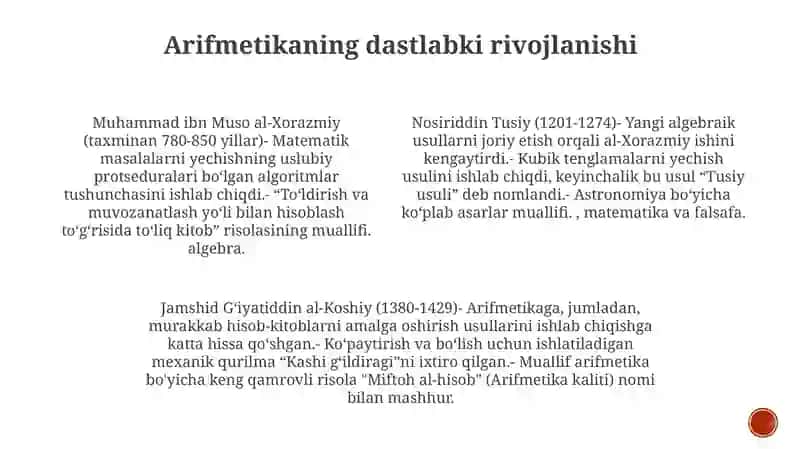 Muhammad Ibn Muso Al Xorazmiy Nasriddin Tusiy Jamshid G'Iyosiddin Al Koshiy Ulugbek Asarlarida Arifmetikaning Rivojlanishi Haqida Ma'Lumotlar 3