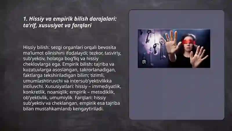Hissiy, empirik, nazariy, mantiqiy, intuitiv, bilish darajalarining oʻzaro aloqasi va farqi 3