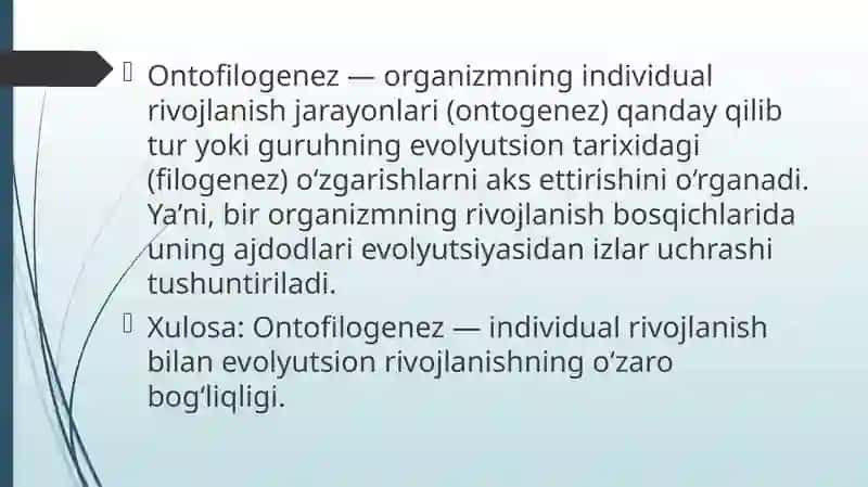 Aʼzolar sistemasi ontofilogenezi teri,  sklet, nerv sistemasi, qon aylanish, endokrin tizimi, ayiruv sistemasi. Ekologiya. Odam va ekologik omil. Biosfera va uning muammolari 3
