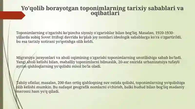 Yo‘qolib borayotgan yoki o'zgarayotgan mahalliy toponimlar bo‘yicha ma'lumot to'plash 3