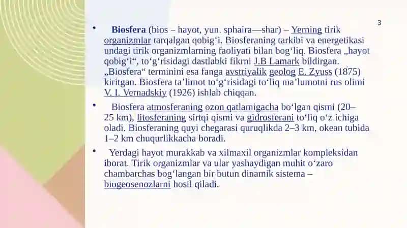Biosfera,chegaralari,  biosferada organizimlarning xilma xilligi. 3