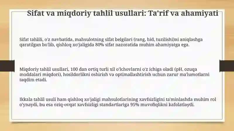 Sifat va miqdoriy tahlil usullari qishloq xo'jaligidagi axamiyat 3