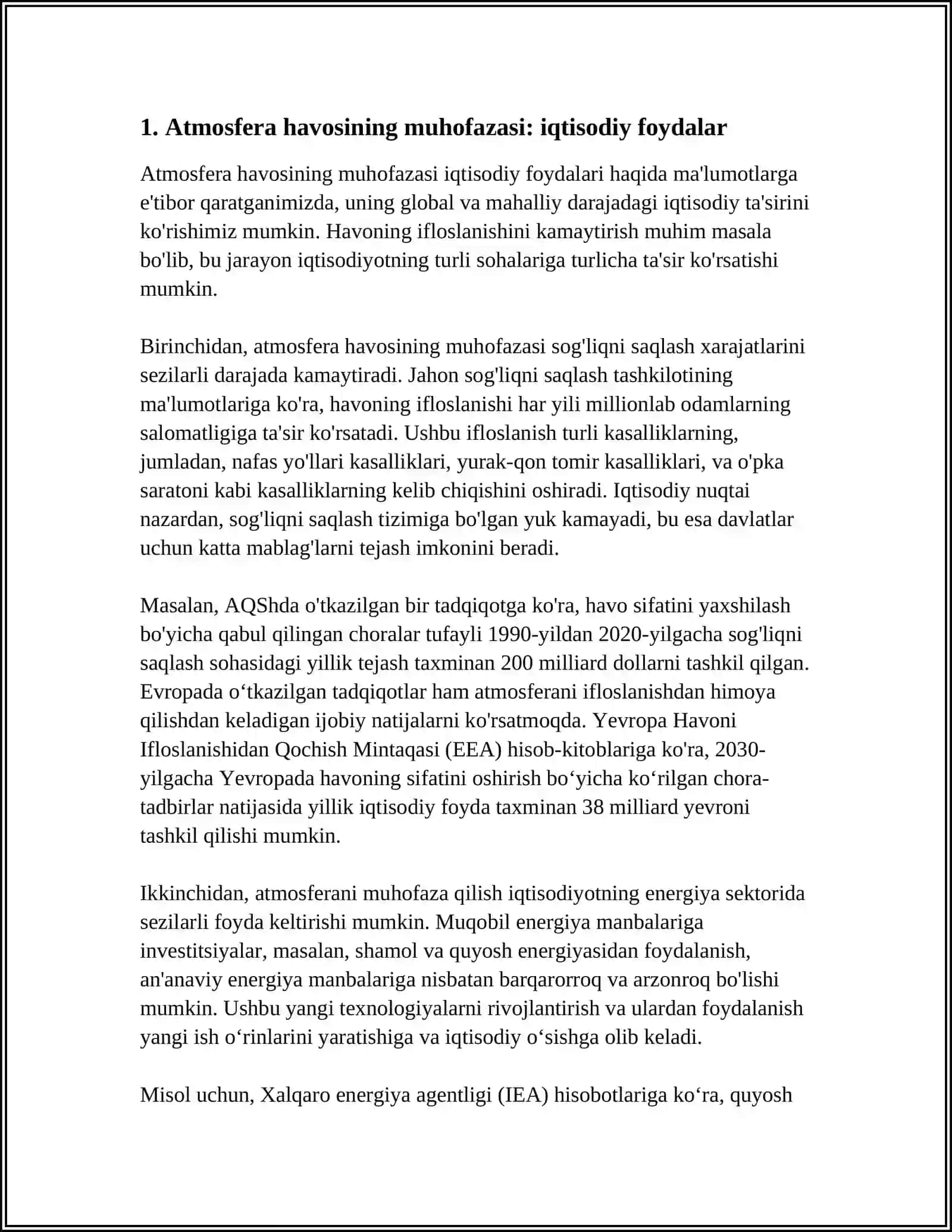 MUSTAQIL ISH Mavzu: ATMOSFERA HAVOSINI MUHOFAZA QILISHNI IQTISODIY EKOLOGIK AHAMIYATI 3