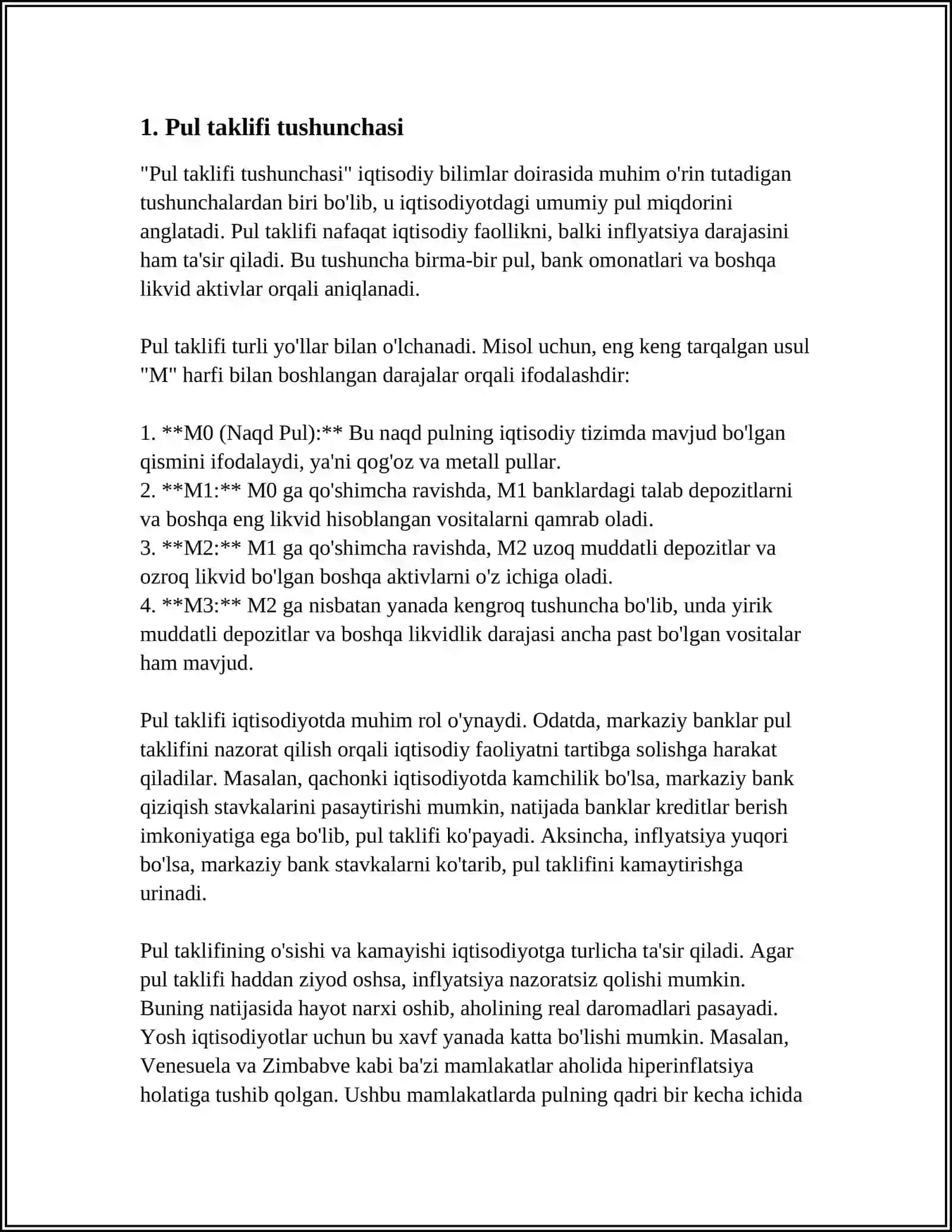 Pul Taklifi Va Pulga Bo'lgan Talab Hamda Ularni Belgilovchi Omillar 3