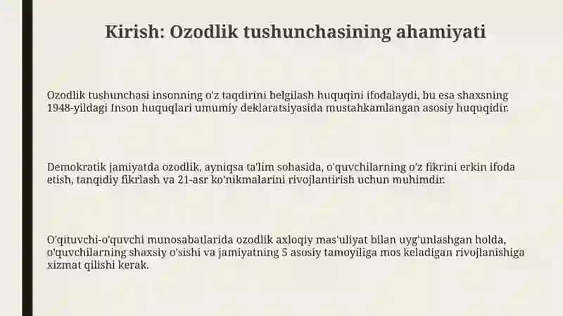 Demokratik jamiyatda O'qtuvchi va o'quvchi munosabatida erkinlik tushunchasi 3