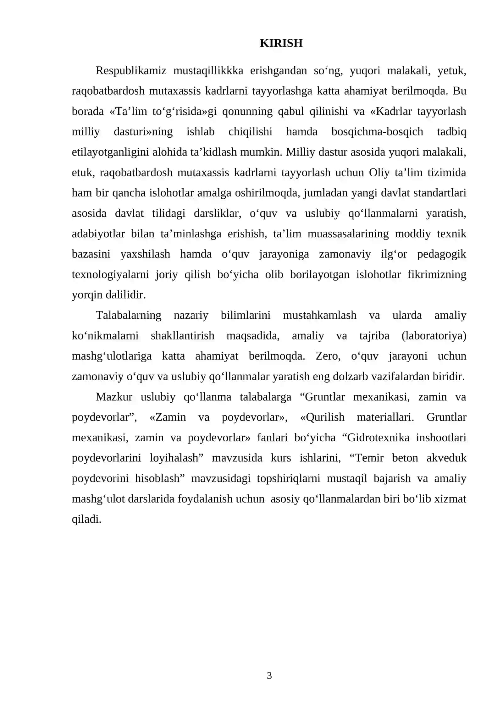 «GRUNTLAR MEXANIKASI, ZAMIN VA POYDEVORLAR» KAFEDRASI KURS ISHI VA AMALIY MASHG‘ULOTLARNI BAJARISH UCHUN USLUBIY QO‘LLANMA (1-qism) 3