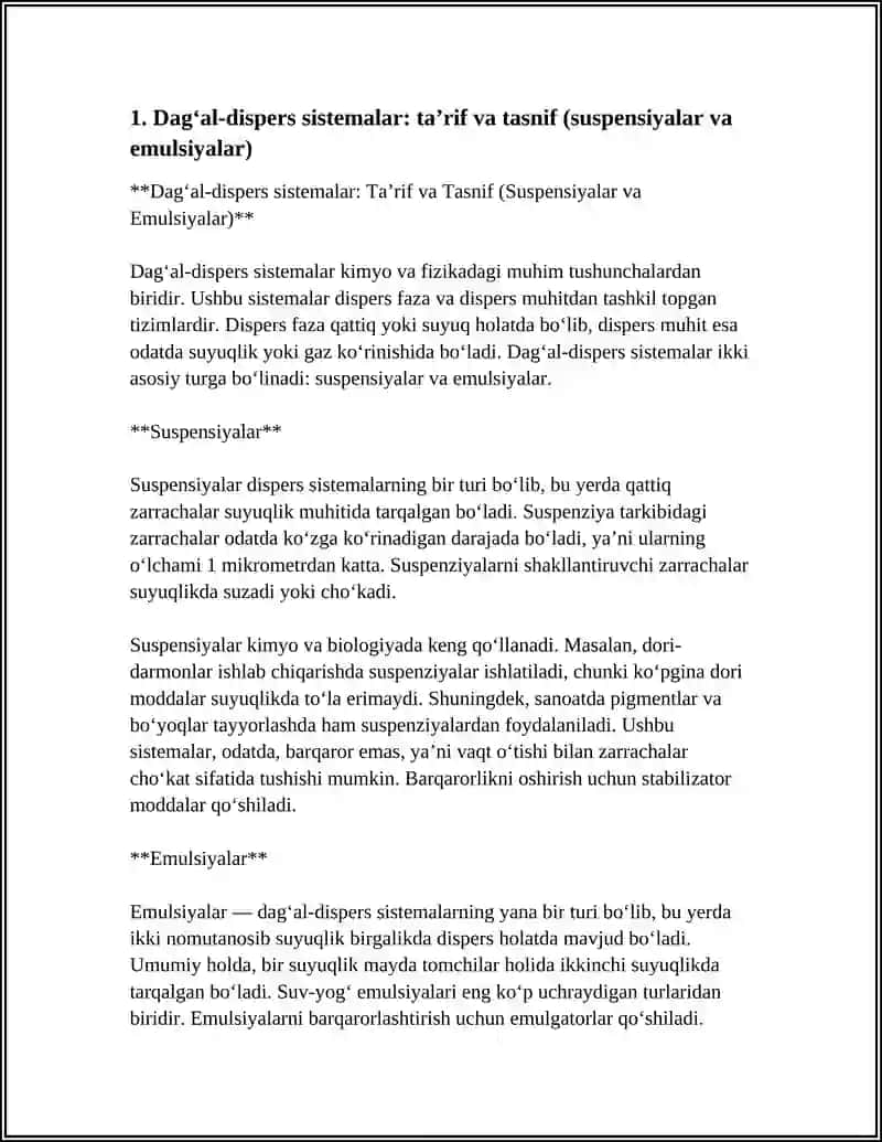 Dagʻal-dispers sistemalar: Taʼrif va Tasnif (Suspensiyalar va Emulsiyalar) 3