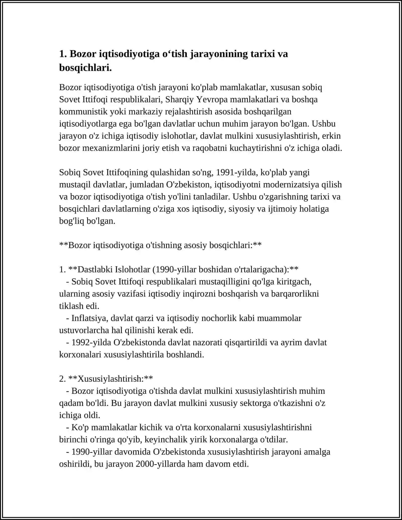 REFERAT Mavzu: BOZOR IQTISODIYOTIGA O‘TILISHI, KICHIK BIZNES VA XUSUSIY TADBIRKORLIKNING RIVOJLANTIRILISHI, MAMLAKATIMIZDAGI IQTISODIY O’SISH 3
