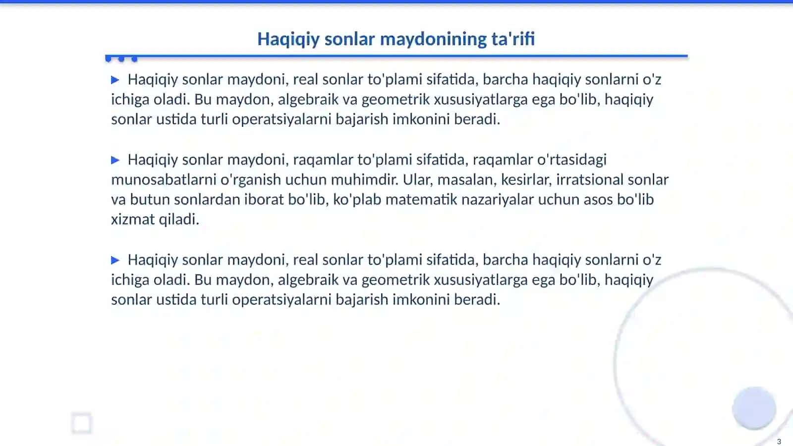 Haqiqiy sonlar maydoni 3
