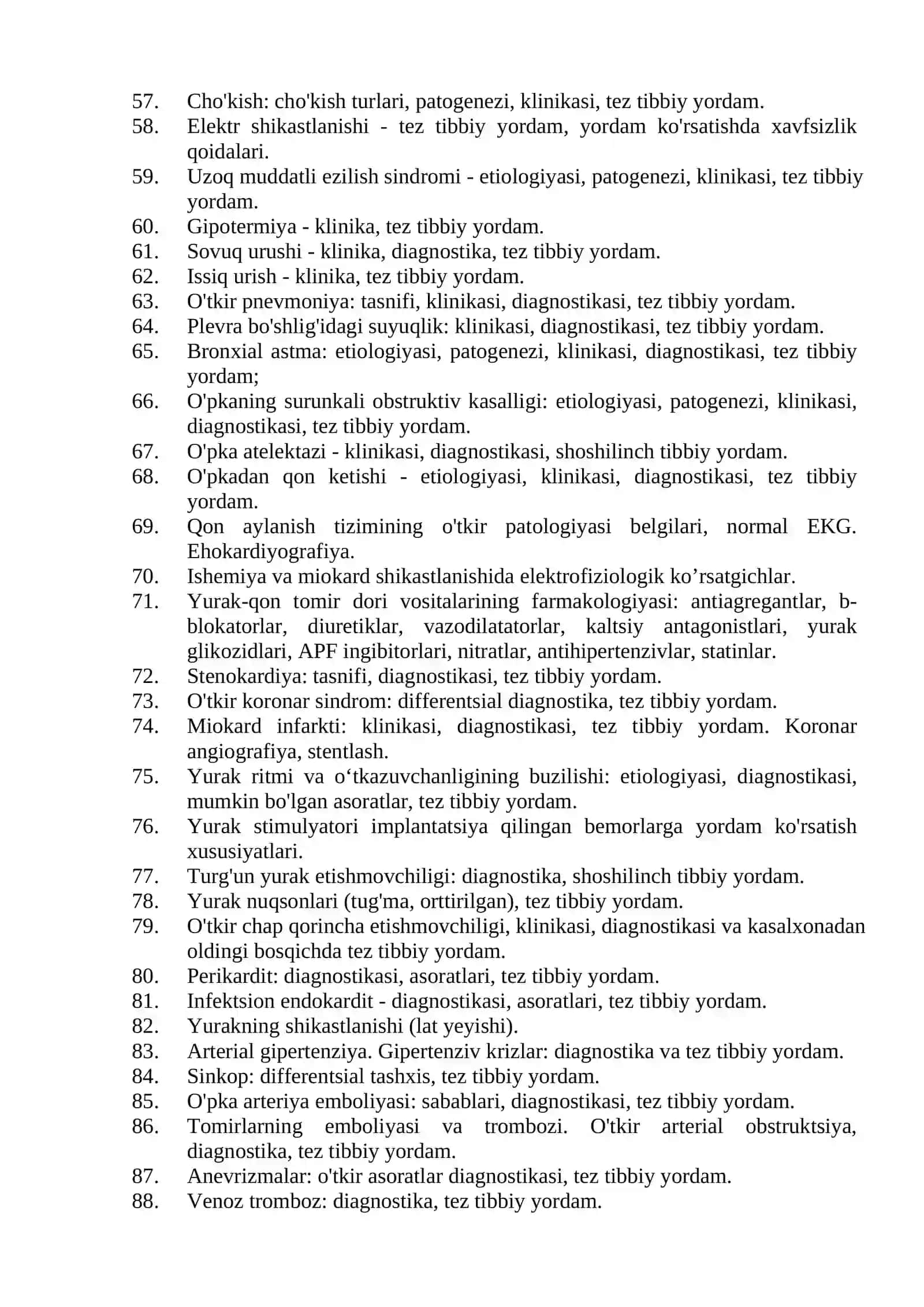 Shoshilinch tibbiy yordam mutaxassisligi bo'yicha shakllantirilgan og'zaki savollar ro'yxati 3