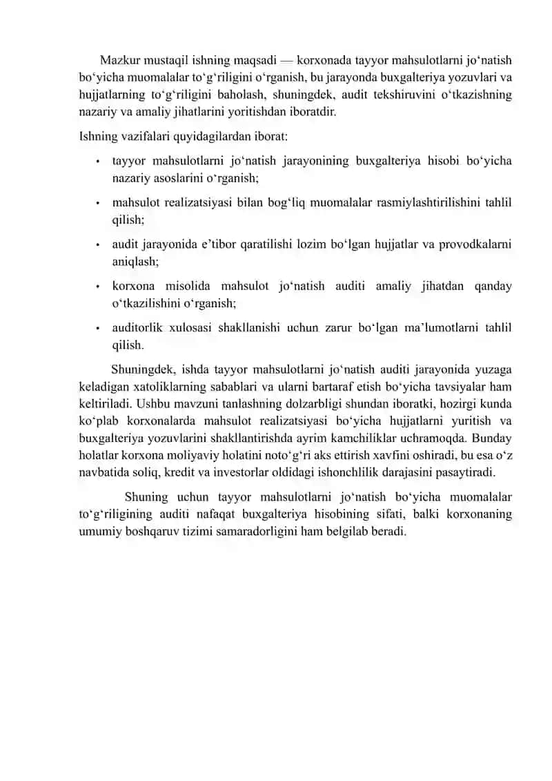 Tayyor mahsulotlarni jo‘natish bo‘yicha muomalalar to‘g‘riligining auditi 3