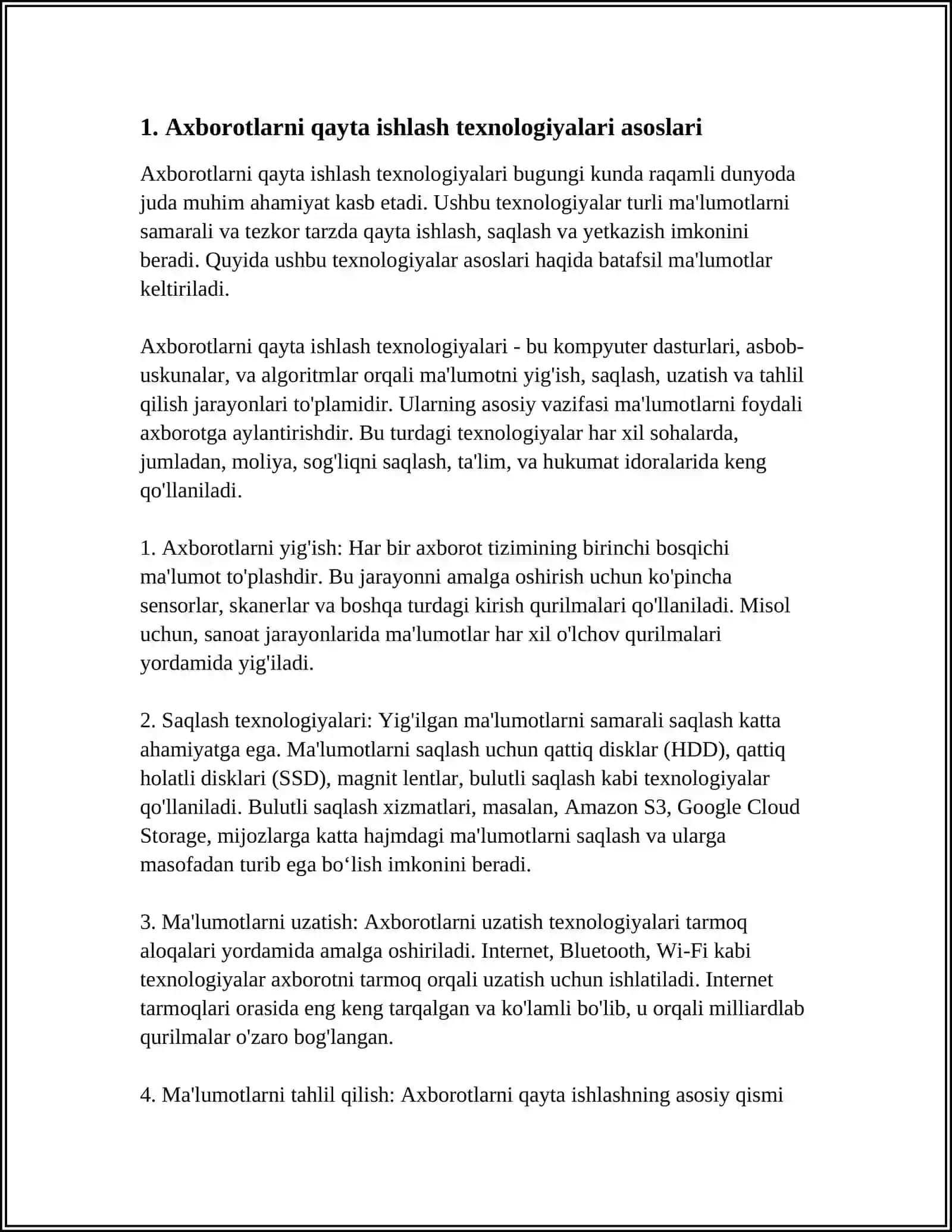 AXBOROTLARNI QAYTA ISHLASH LEXNOLOGIYALARI. AXBOROTLARNI KODLASH 3