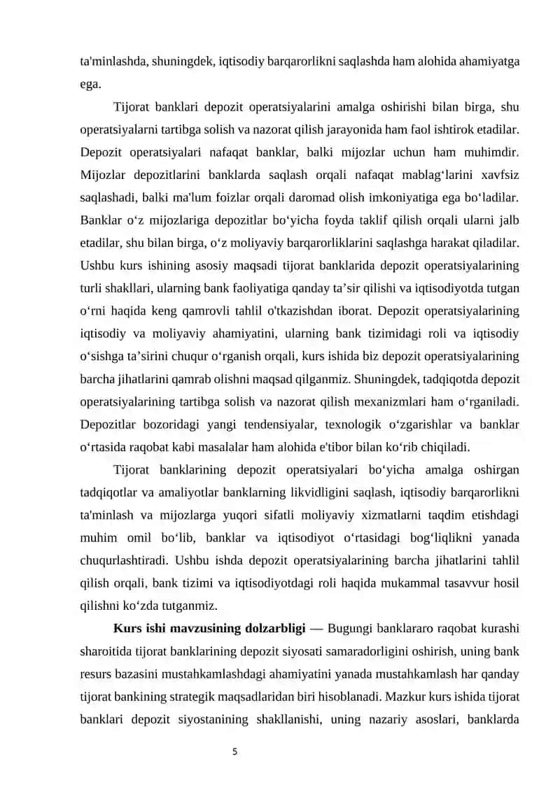 tijorat banklaridagi depozit operatsiyalari va ularning bank tizimidagi o‘rni, moliyaviy barqarorlikni ta'minlashdagi roli hamda iqtisodiyotga ta'siri 3