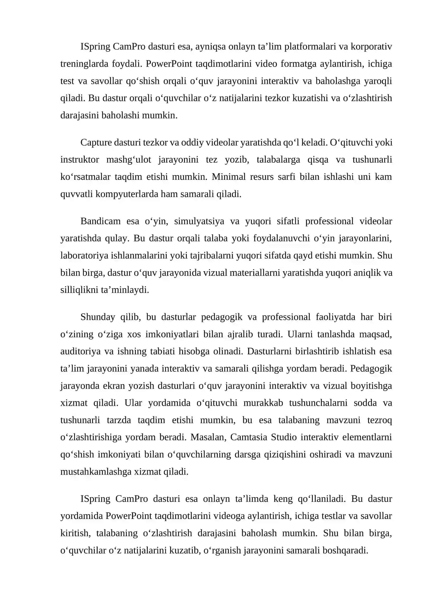 Camtasia Studio, ISring CamPro, Capture, Bandicam dasturlari va ularning imkoniyatlari 3