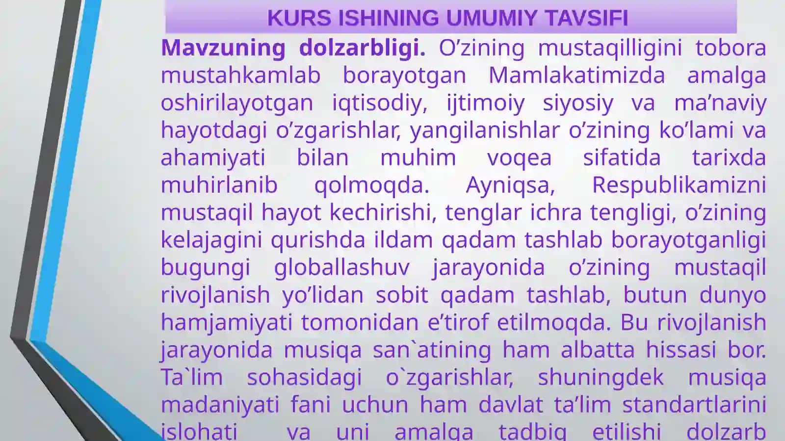 MUSIQA MADANIYATI DARSLARI UCHUN DAVLAT TA`LIM STANDARTLARI, MALAKA TALABLARINING BAJARILISHI BO`YICHA TAVSIYALAR 3