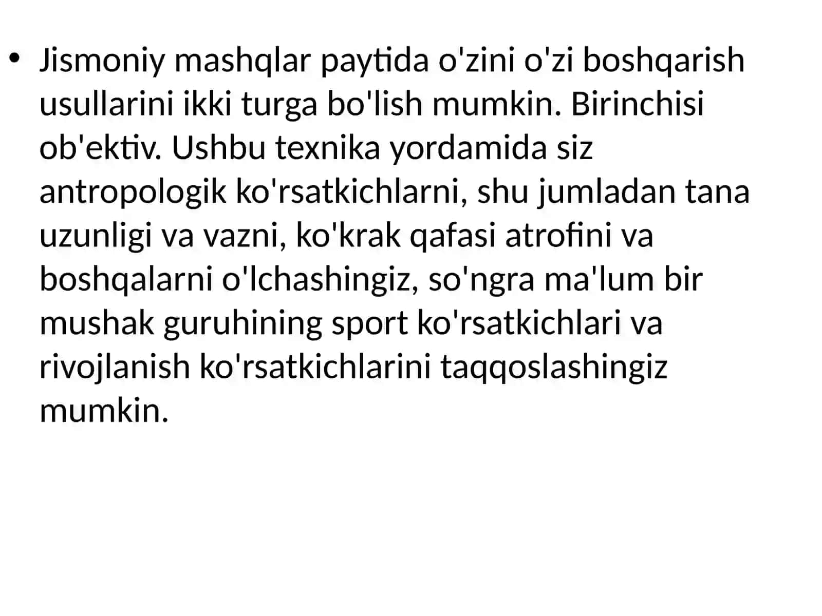 Jismoniy mashqlar bilan shugʻullanishda oʻzini oʻzi nazorat qilish usullarini oʻrganish 3