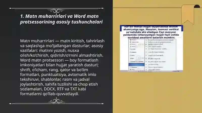 Matn muharrirlari va Word matn prosessori Kiritish tahrirlash va formatlash amallar 3