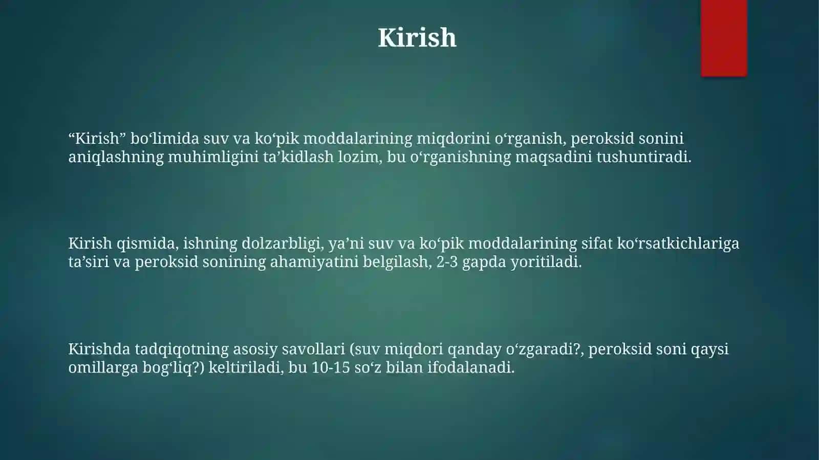 Suv va ko'pik moddalari miqdorini o'rganish tarkibidagi peroksid sonini aniqlash 3