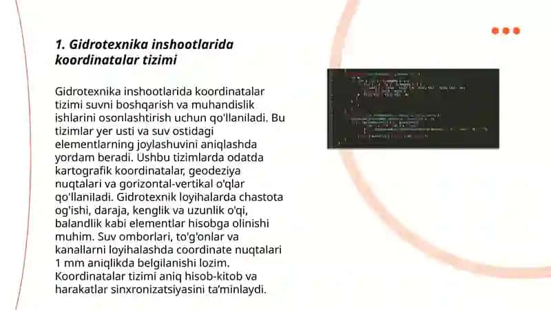Yirik gidrotexnika inshootlarining qurushda qo'llaniladigan koordinatalar va balandliklar tizimi 3